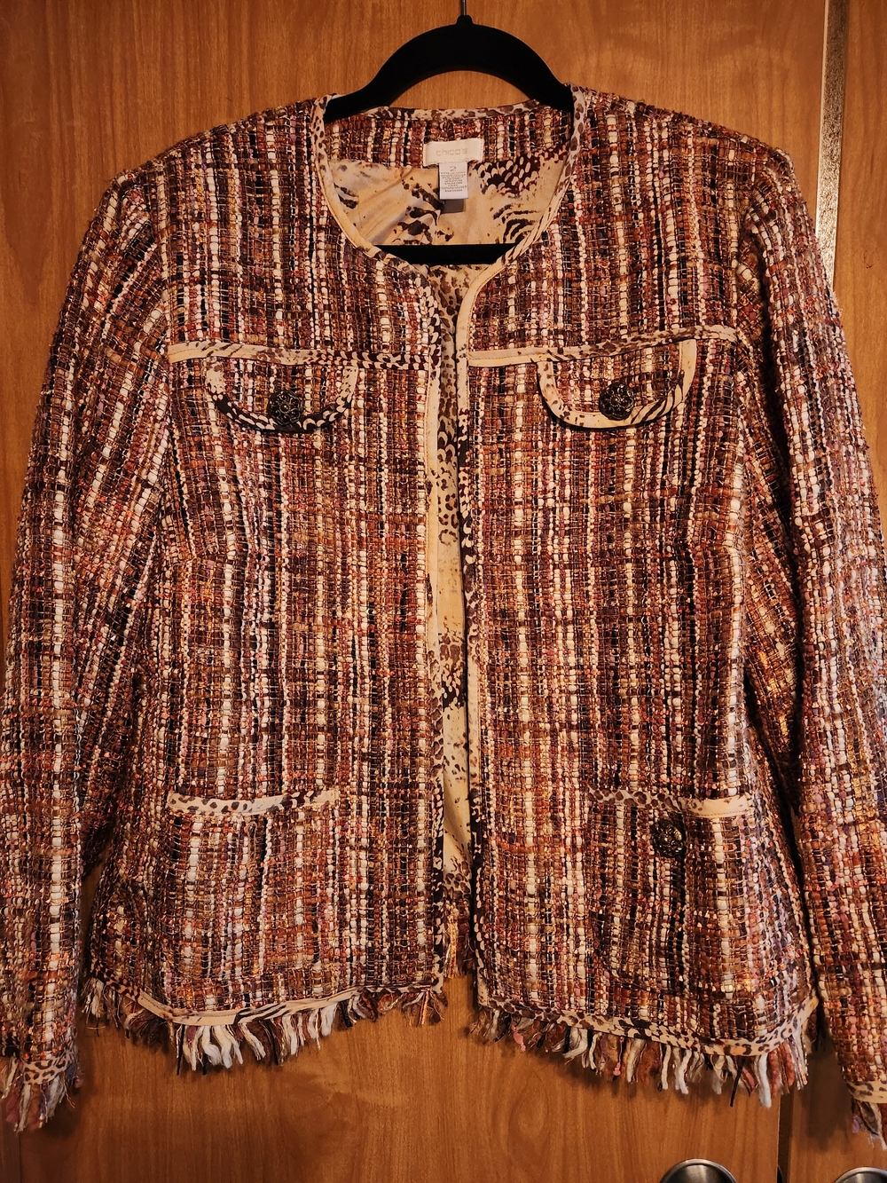 Chico's Brown Multicolor Plaid Tweed Fringe Lined Jacket Long Sleeve Size 2